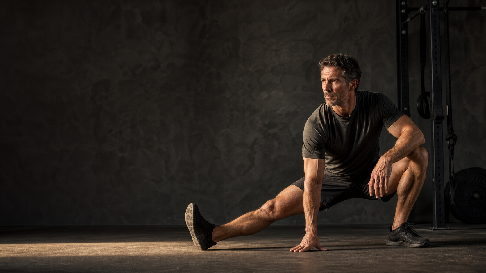 Revive and Thrive Performance hero photograph showing a strong middle-aged man in a controlled mobility stance in a dark training studio.