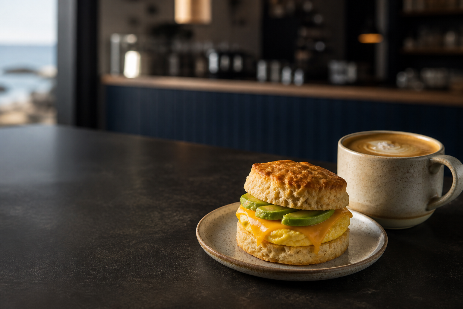 Coastline breakfast sandwich with avocado and a sea salt honey latte